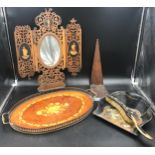 Wooden items to include Sorento mirror with opening doors, dustpan and brush and inlaid tray.