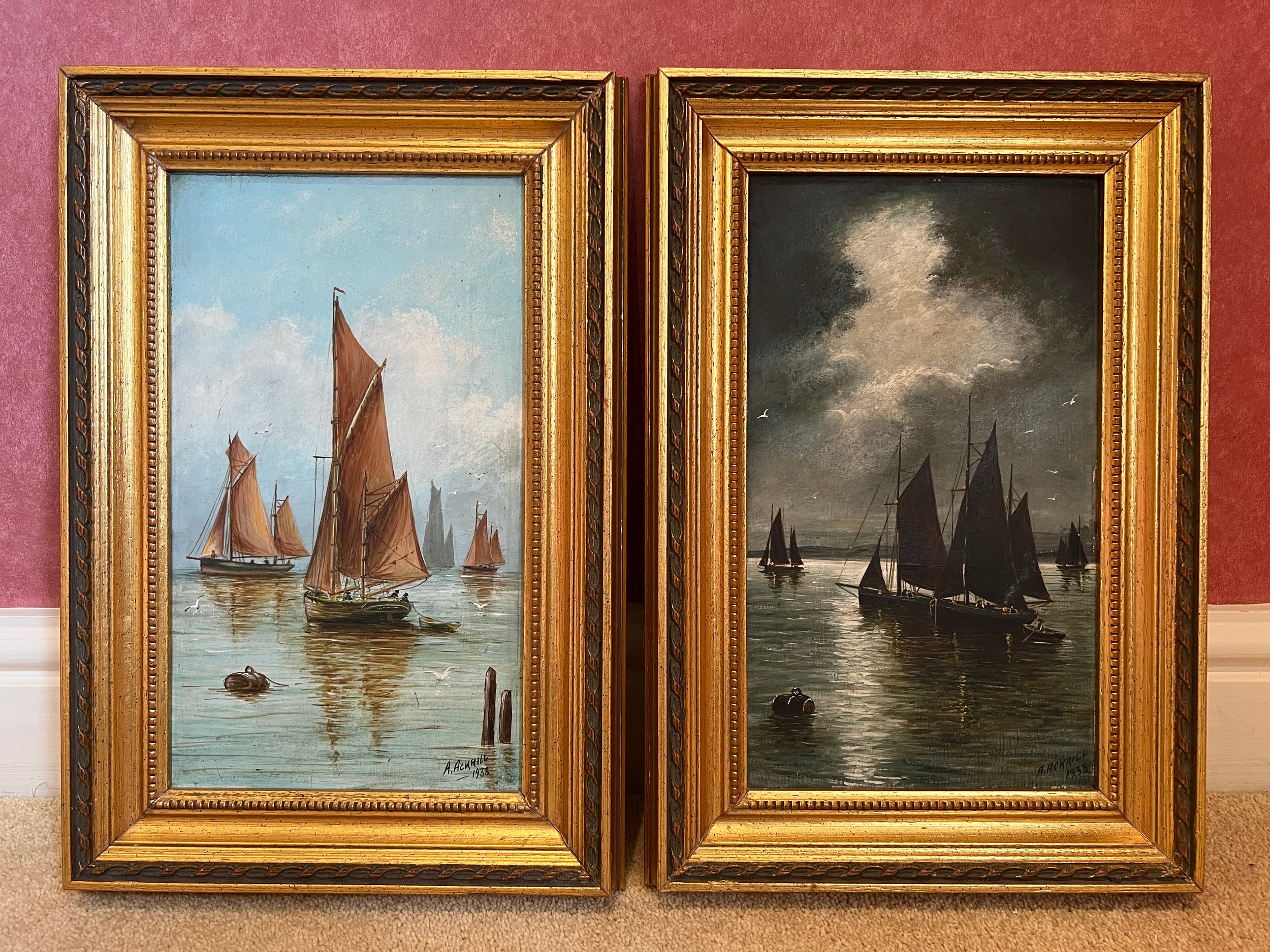 A. Ackrill - pair of oils on board, nautical scene of sailing ships in matching gilt frames.