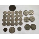 Sixpence pieces x 21, An 1843 Victoria Half Farthing, x 6 One Florin coins to include 1921 x 2,