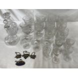 A selection of glass to include two decanters largest 24cm h and 20 various glasses, some etched,