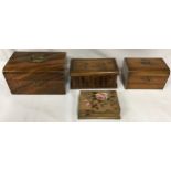 Collection of four wooden boxes to include 19thC box with brass handle and cushioned inner lid