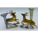Two early 20thC lampworked glass vases, one in yellow one in green both with applied glass deer,