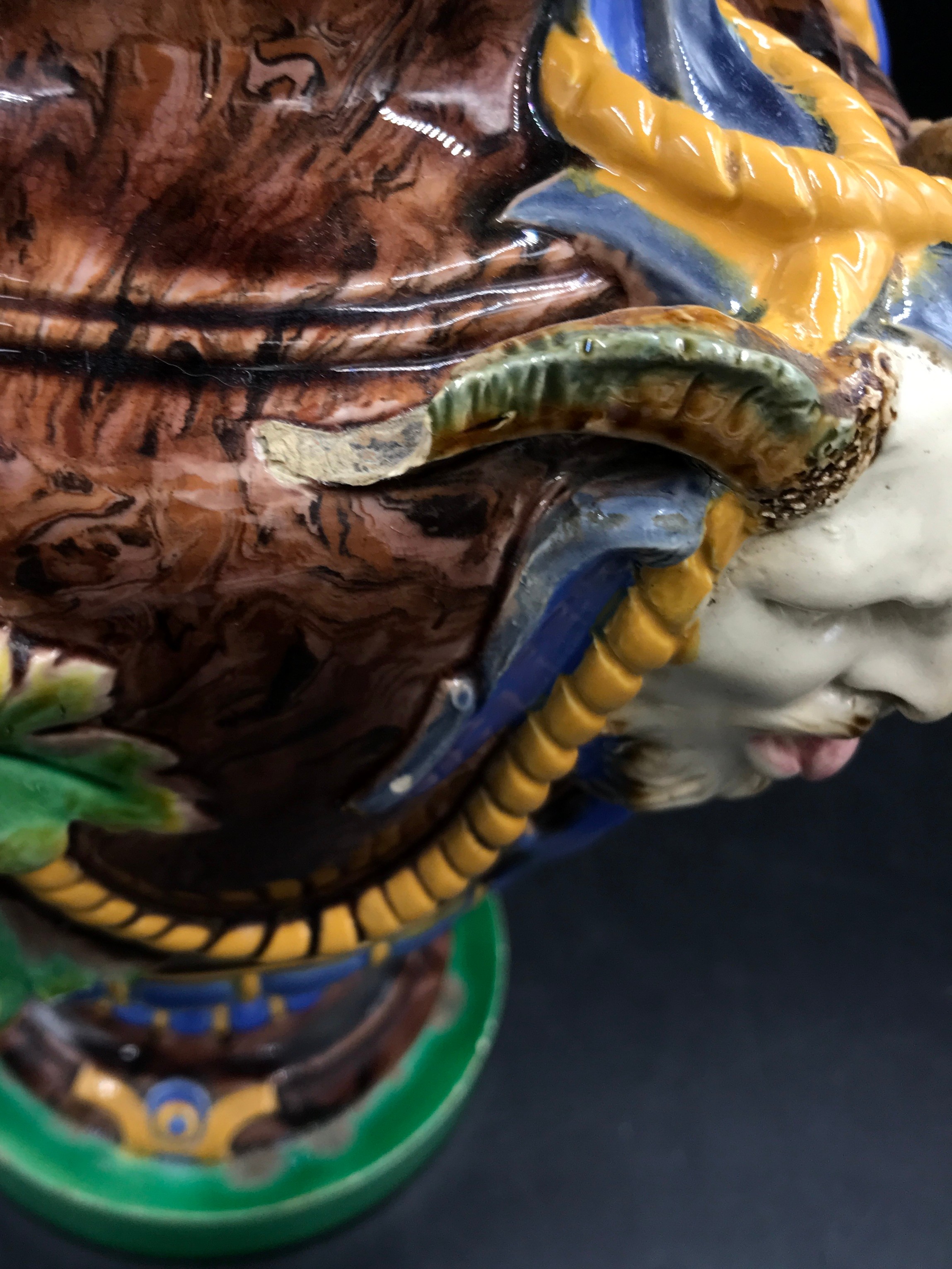 A Minton majolica "Bacchus" vase applied with three satyr masks on a circular base, impressed - Image 2 of 7