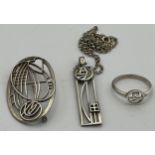 Charles Rennie Mackintosh inspired jewellery to include pendant, ring and brooch, all marked .925.