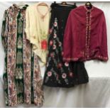 A selection vintage clothes to include a hand made long hooded kaftan, a silk embroidered cape
