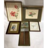 Four watercolours all depicting flowers along with a mirror with flowers painted to the top. Rose