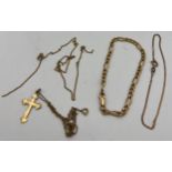 Nine carat gold to include two chain bracelets, crucifix on chain and a broken fine chain