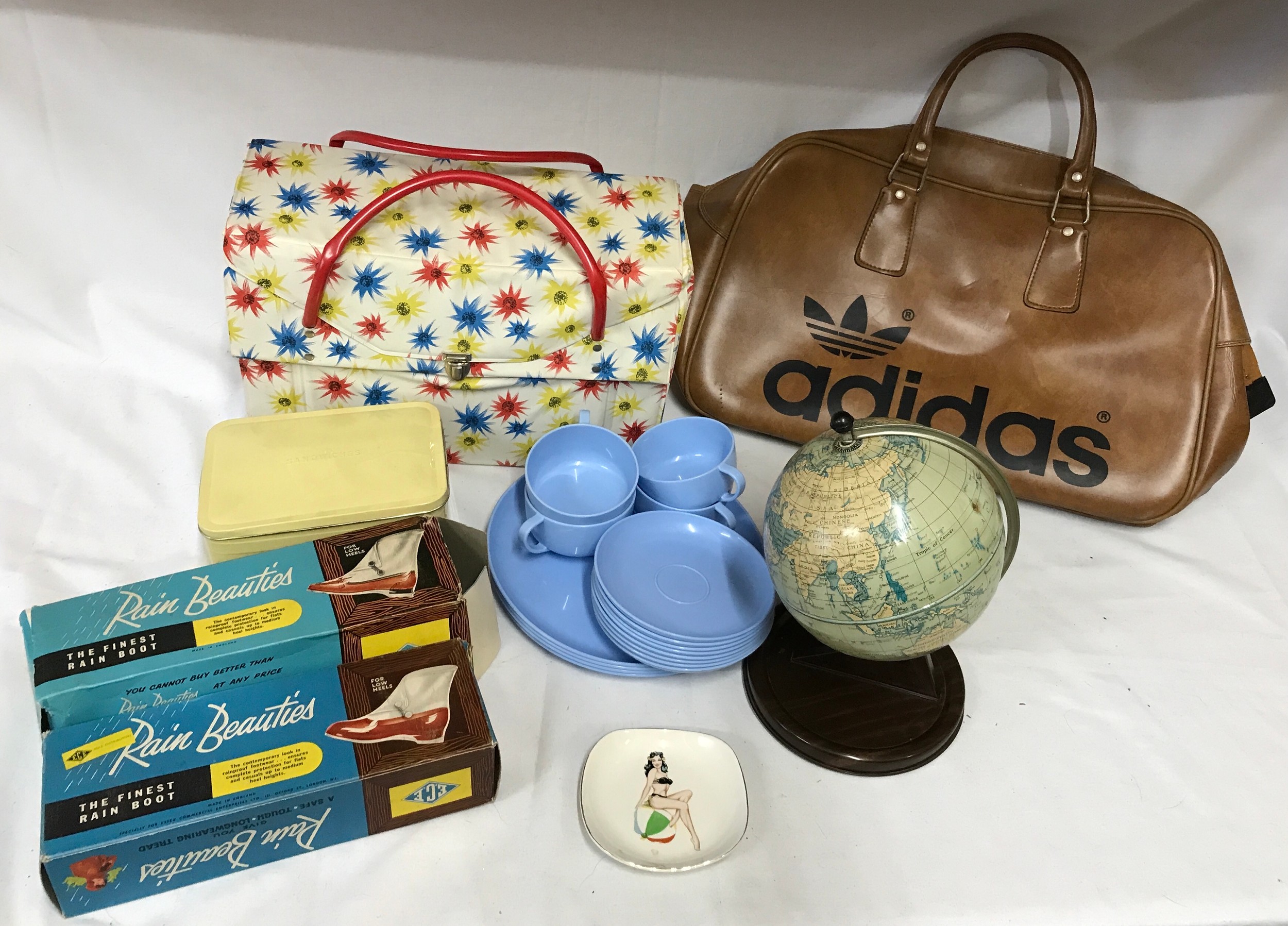 Vintage collection of Adidas carry bag, Picnic Set in plastic holdall, a Chad Valley tinplate