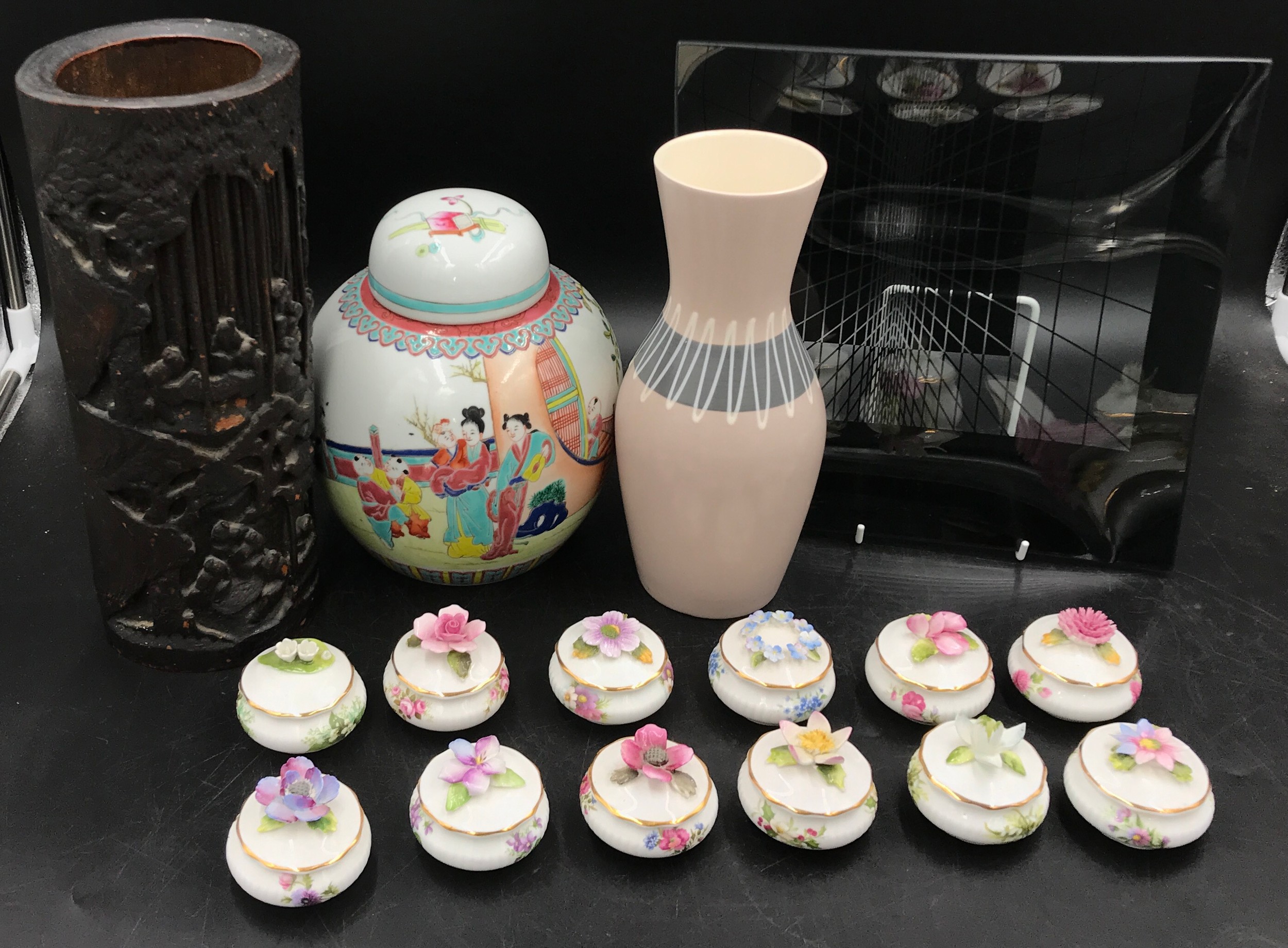 A miscellany to include 12 x Royal Albert lidded trinket dishes, a Hornsea Pottery vase, a 20thC
