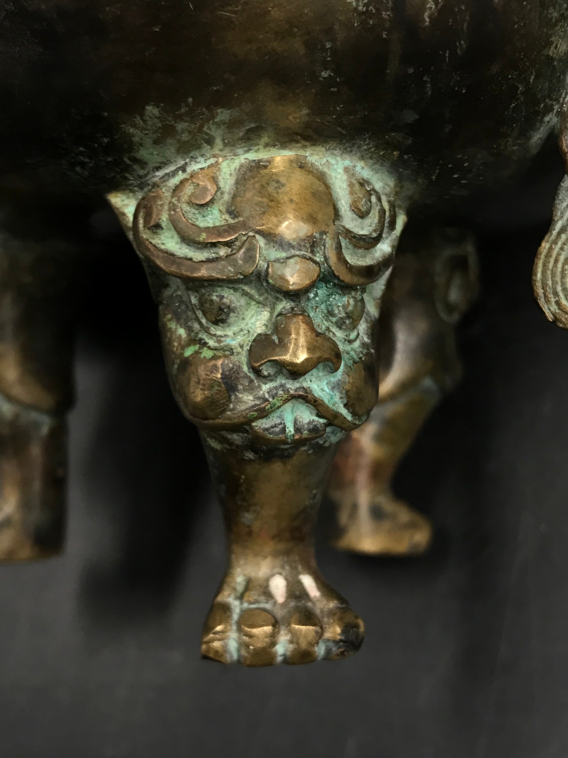 A Chinese bronze incense burner, with lotus finial and dragon handles, raised on three shaped - Image 3 of 6