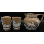 A Copeland late Spode sprigged jug and two cups all with matching hunting scene and impression to