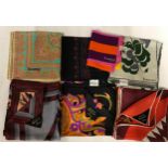 Seven Jacqmar scarves 6 of which are silk, three designed by Tseklenis ranging in size from 50cm