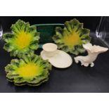 Ceramics to include four Bretby leaf shaped majolica plates, a green sandwich plate 32cm l, a