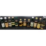 Twelve bottles of 5cl whiskey to include a rare miniature bottle of Sherriff's Bowmore, 2 dimple old