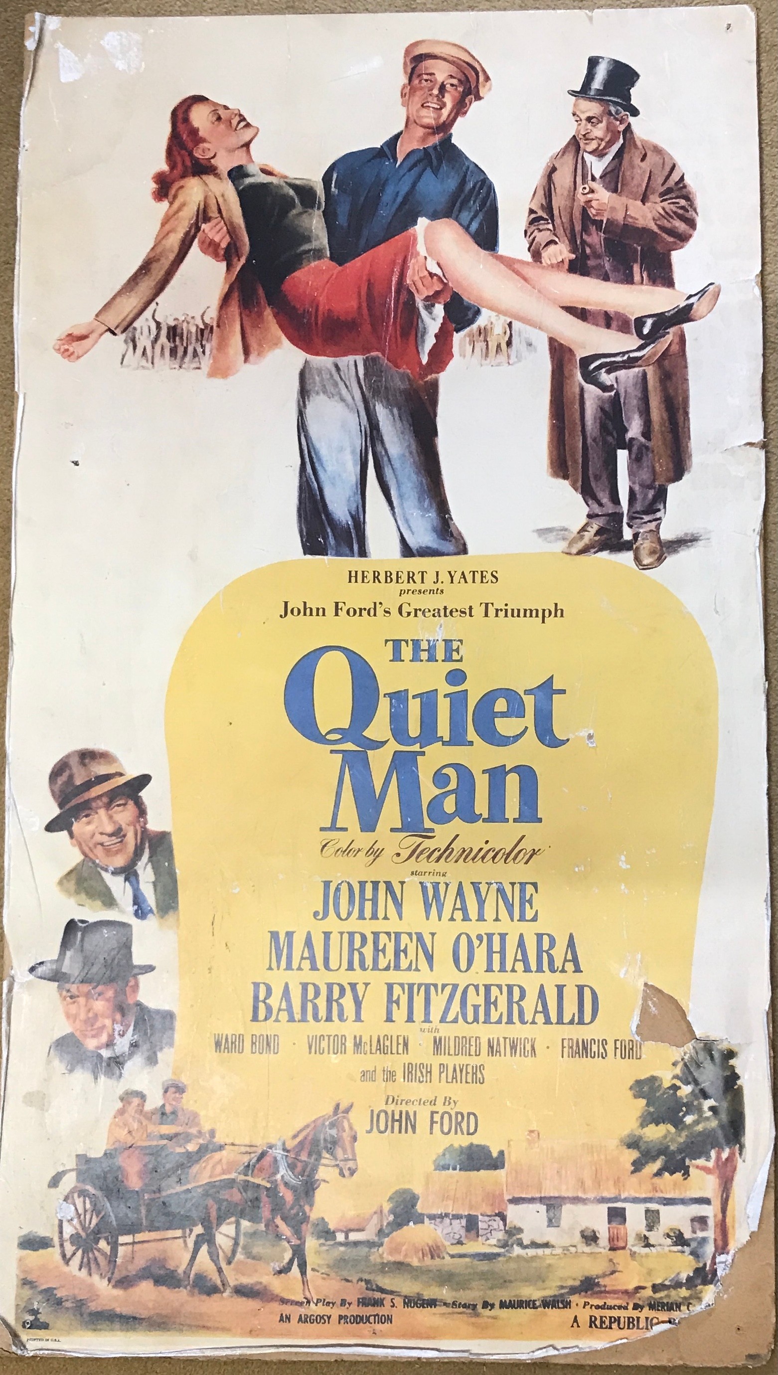 THE QUIET MAN', American coloured lithograph poster, 99cm h x 55cm w. Attached to board.