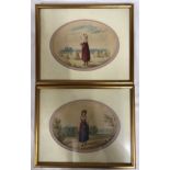 Two watercolours of 18thC ladies in rural settings in gilt frames with oval mounts. No signatures
