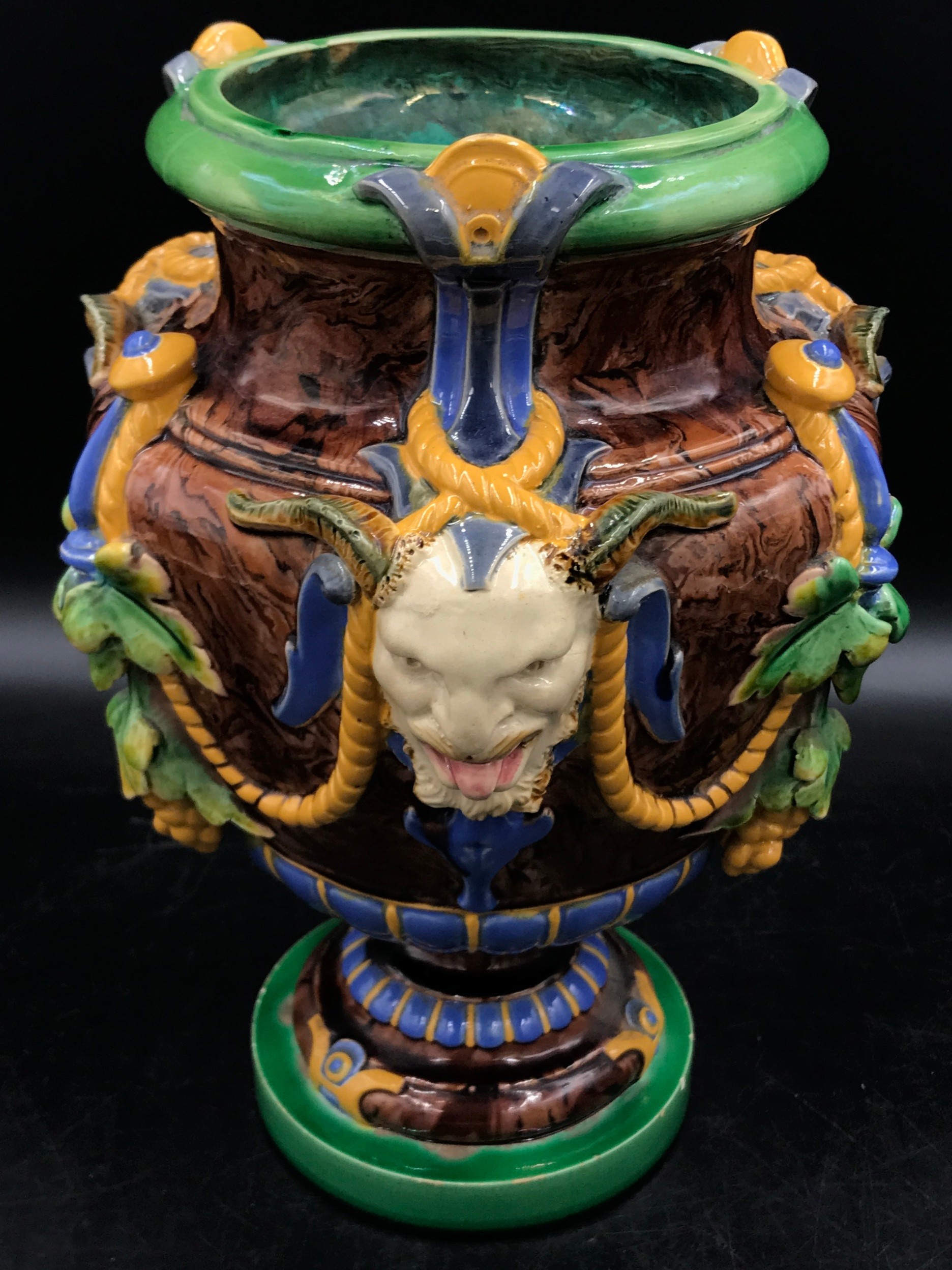 A Minton majolica "Bacchus" vase applied with three satyr masks on a circular base, impressed - Image 5 of 7
