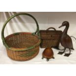 Miscellany of 20thC items to include metal and glass tortoise light, metal duck 42cm h together with