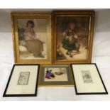 Five Christmas and new year related prints to include two framed prints one of young girl carrying