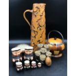 A mixed lot to include West German Goebel monk character jugs, Lancraft woodware biscuit barrel