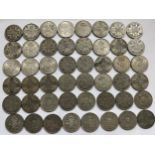 A collection of pre 1946 One Florin and Two Shilling coins. 537.5gm.