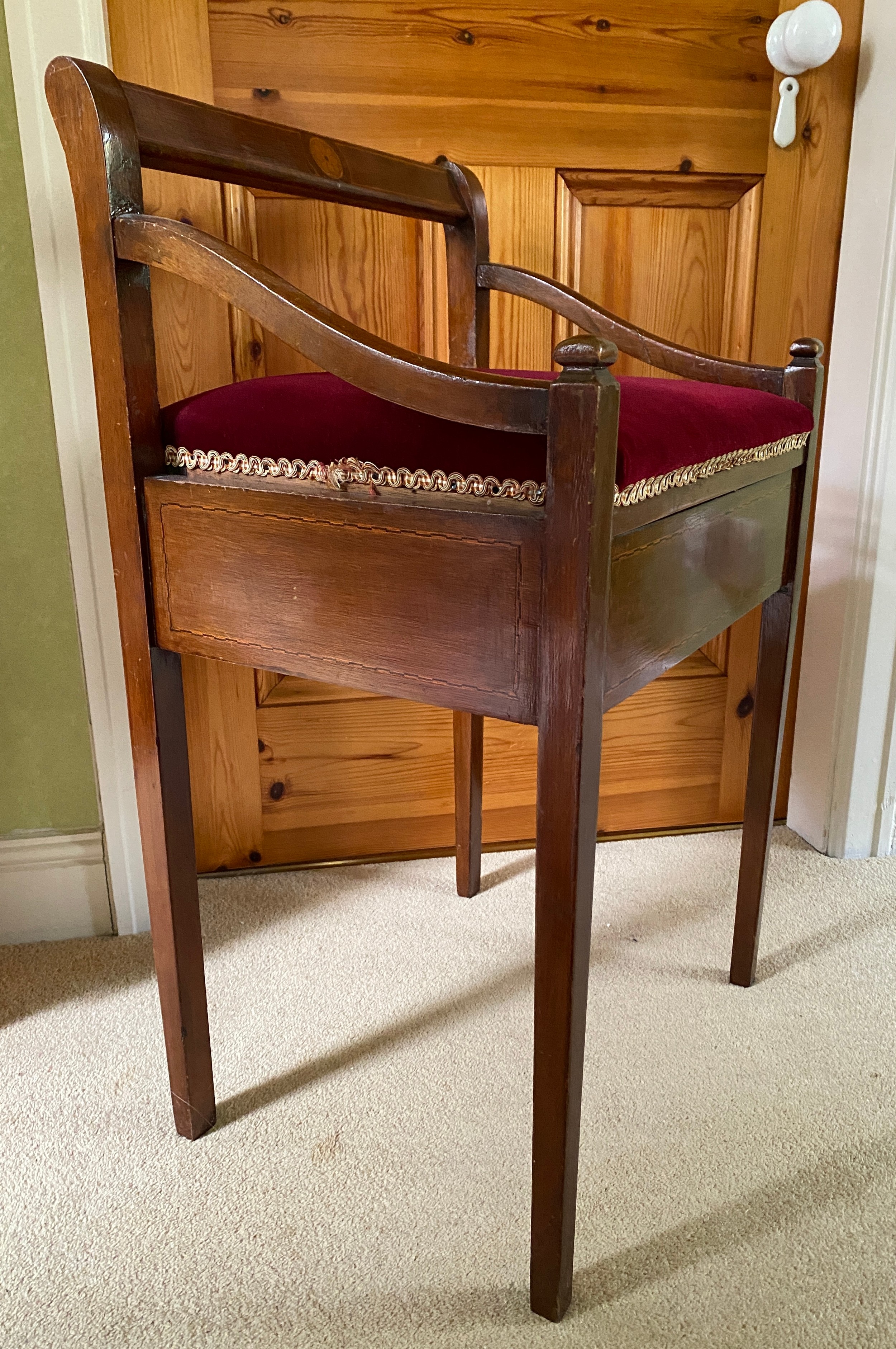 An Edwardian mahogany inlaid piano stool with arms and lift up seat. - Image 2 of 3