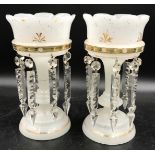 Pair of 19thC white glass lustres with gold trim 27 h 14cm w.