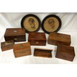 A collection of 7 wooden boxes of various sizes and designs, 2 with mother of pearl inlay together