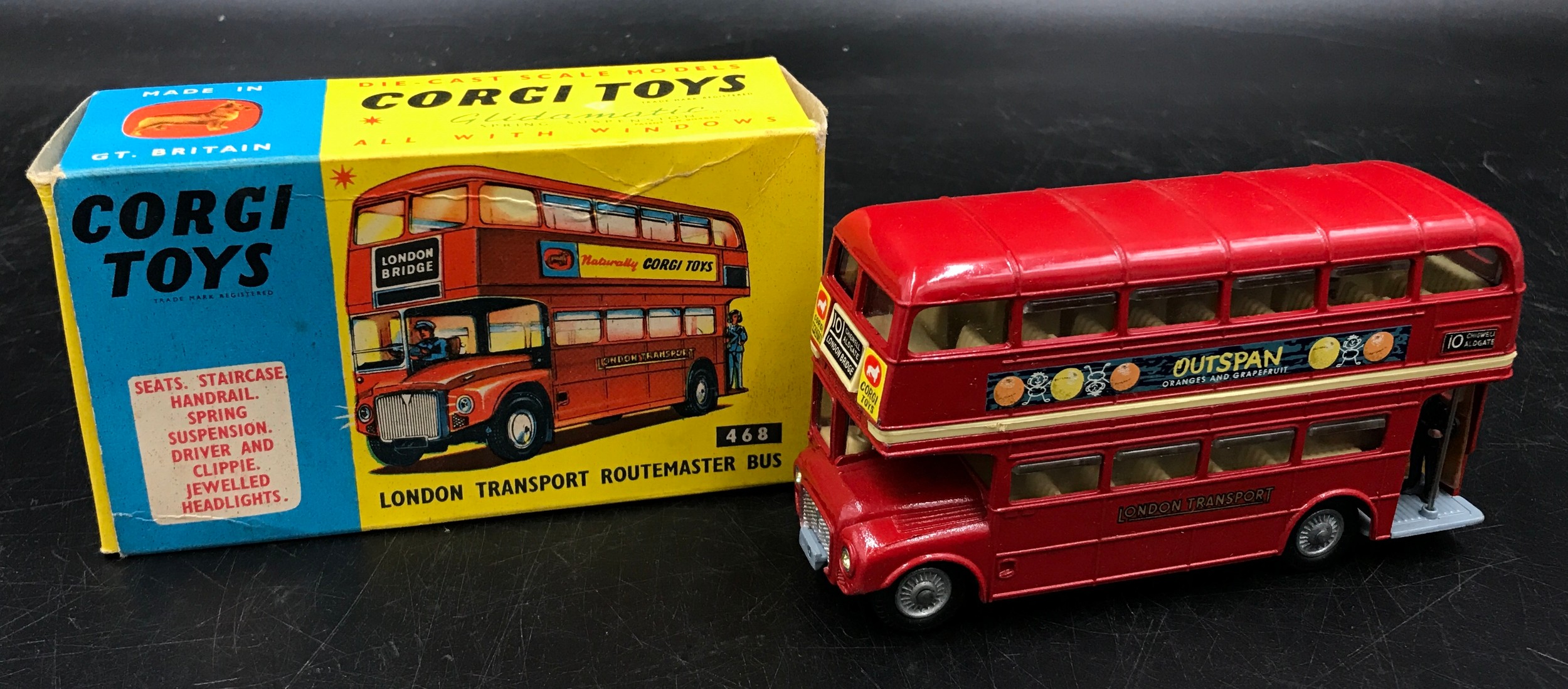 Corgi Toys- No. 468 red London Transport Routemaster bus with Outspan advertising in original box.