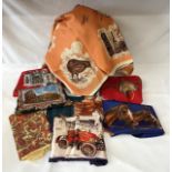 Eight head scarves to include one depicting vintage cars, three with horses, one with paisley design
