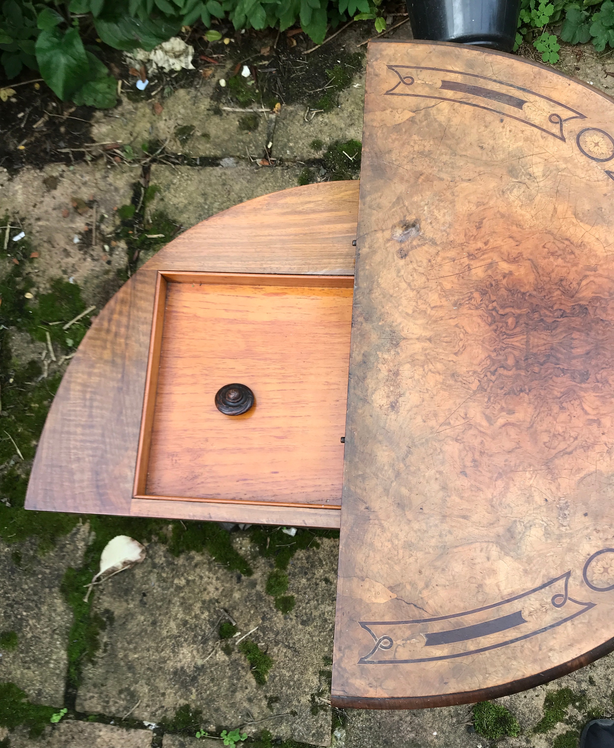 A Victorian walnut demilune card table, hinged top enclosing a baize lined playing surface, turned - Image 5 of 7