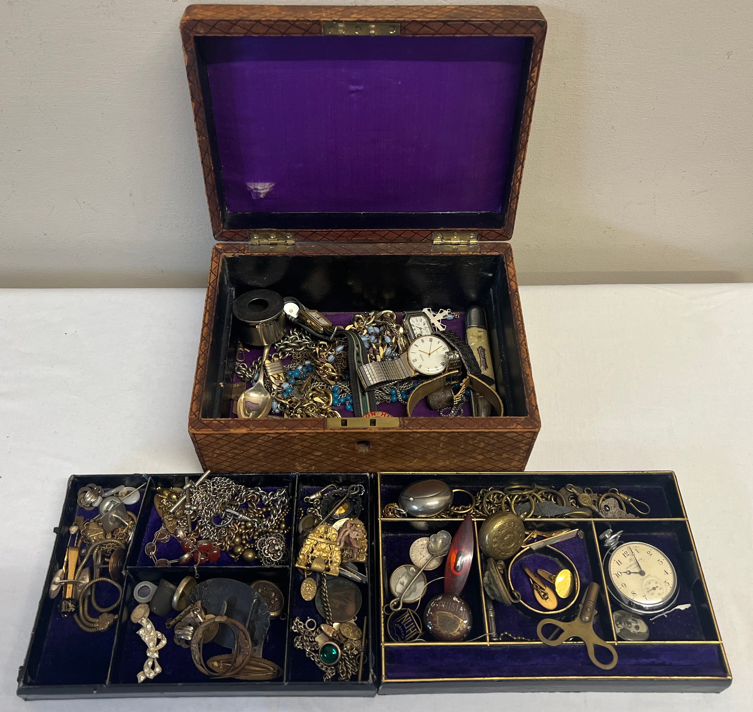 A 19thC leather covered jewellery box and contents to include jewellery, watches, knife etc.