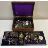 A 19thC leather covered jewellery box and contents to include jewellery, watches, knife etc.