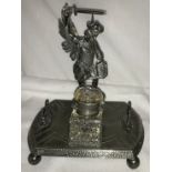 A silver-plated inkstand by James Deakin & Sons (1871-1939), to the centre a cast of St George and