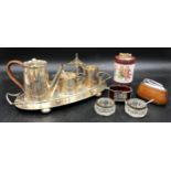 A collection of miscellaneous items to include a silver plated set with tray holding coffee pot milk