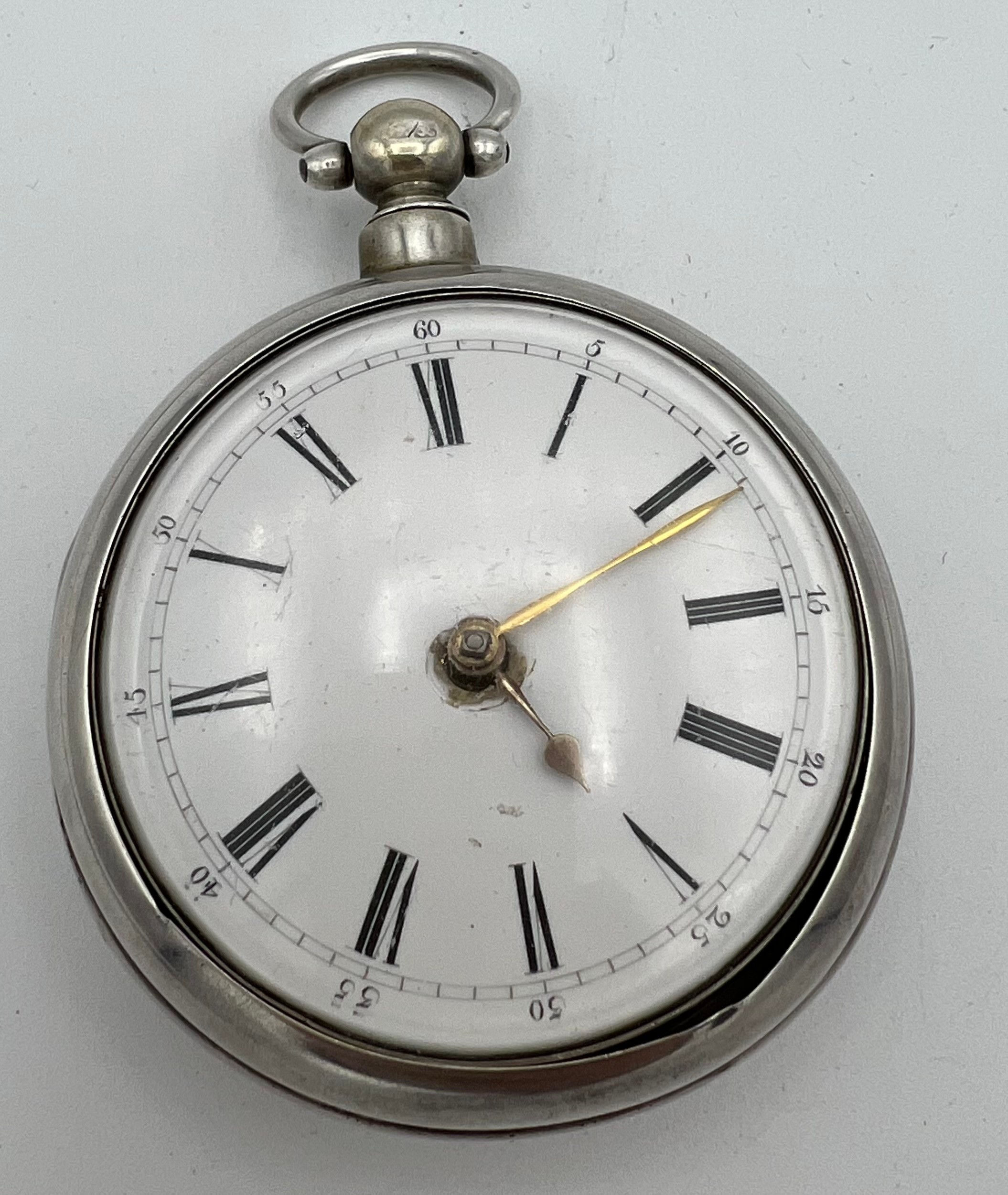 Victorian silver pair cased pocket watch, maker James Garland of London, with enamel roman numeral