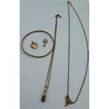 Nine carat gold to include two pendants on chains, bangle and two charms, key unmarked. Total weight