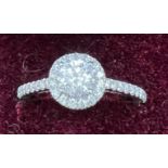 An 18 carat white gold diamond ring, the central diamond surrounded by diamonds. Diamonds to the