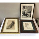Three framed pencil sketches to include a bust portrait by Edward Burton image 18 x 18cm, 'The Broom