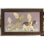 A quaint piece of 1930's fabric depicting children, flowers and a dog pulling a cart in a carved
