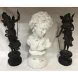 A pair of metal figurines together with a 20thC female bust 43cm h.