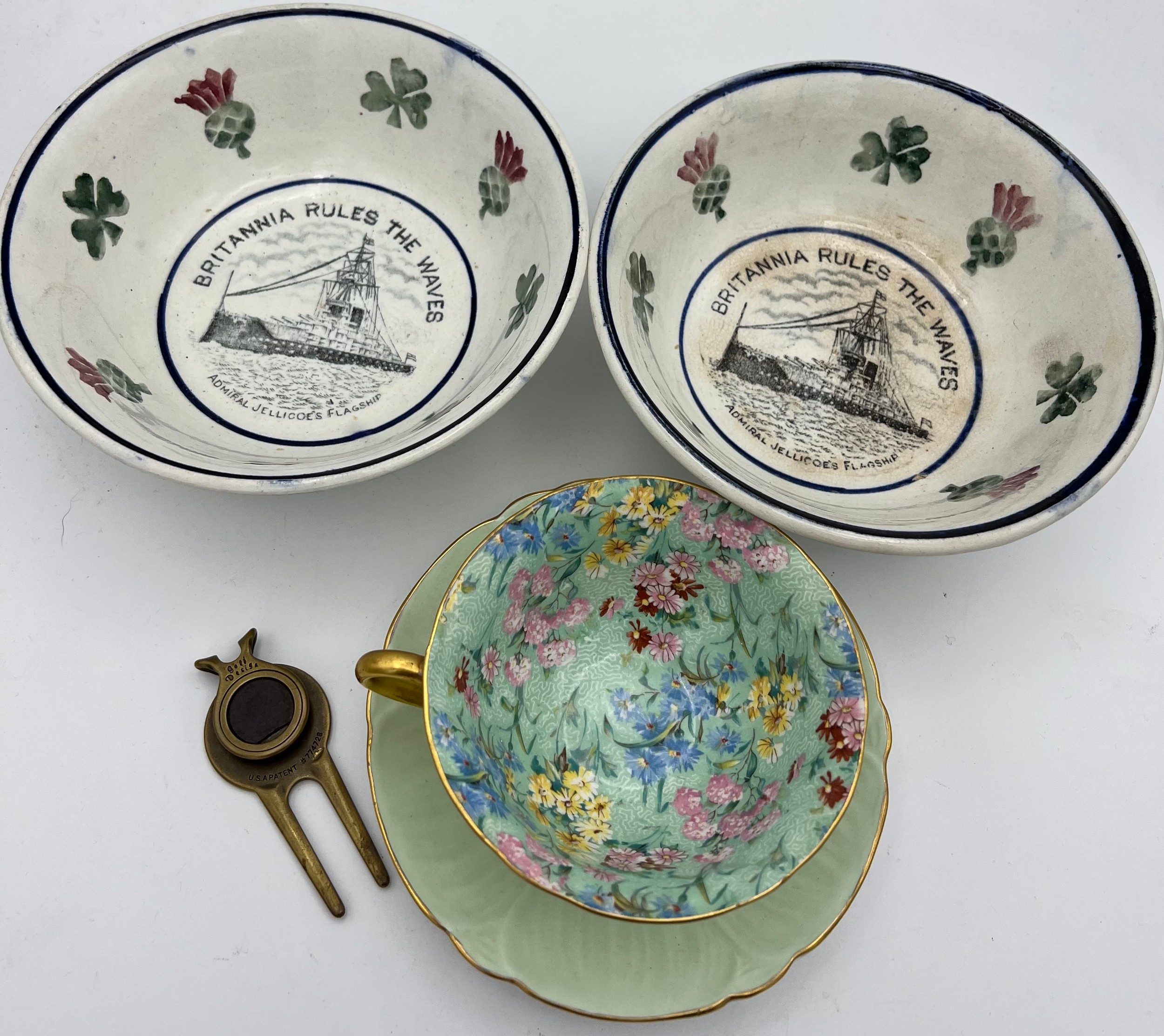 Shelley Melody pattern cup and saucer, two spongeware bowls, Britannia Rules The Waves Admiral