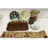 Hand embroidered table runner 180 cm l x 12.5cmm w, five Schumann plates with fruit design and