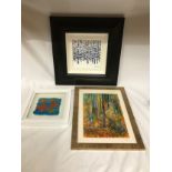 Three framed pictures to include a small tapestry weaving named Floating Autumn leaves signed by
