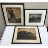 Walter Ernest Spradbery (British, 1889-1969) Three framed lino cuts tinted in watercolours: 'Downham