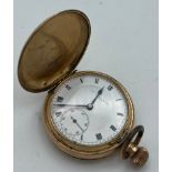 Gold plated hunter pocket watch. 5cm diameter. Thomas Russell and son Liverpool. White enamel dial