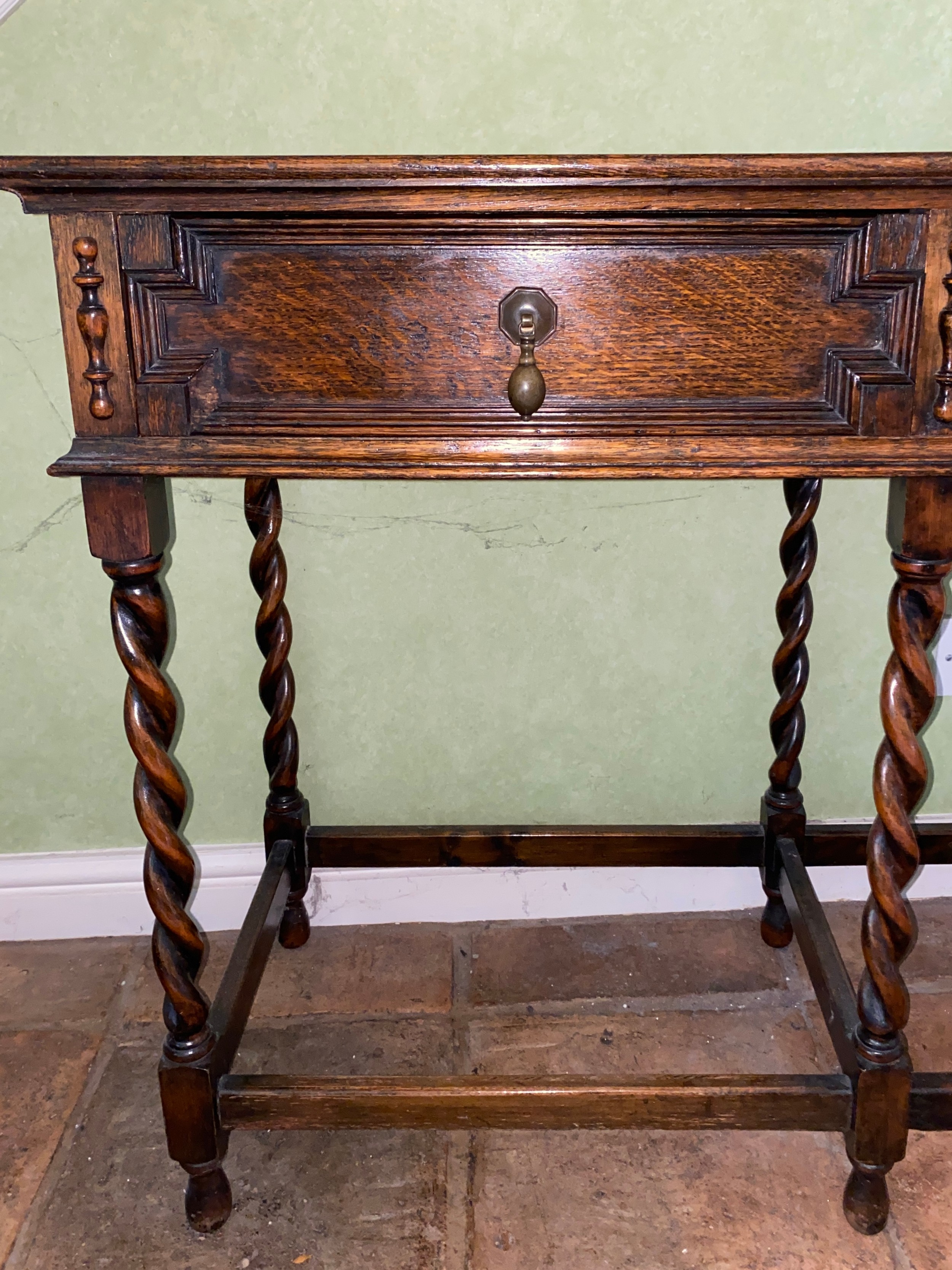 An oak two drawer side table on barley twist legs. 106 w x 77 h x 40cm d. - Image 2 of 3