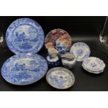 Various 19thC blue and white ceramics comprising oriental design jug, plate, dish and lidded vase
