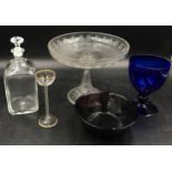 Selection of five pieces of glassware to include round cake stand 23cm diameter, 18cm h, decanter