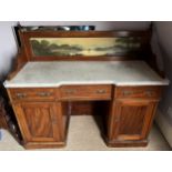 A 19thC mahogany washstand with marble top and painted upstand depicting lake and mountains. 3